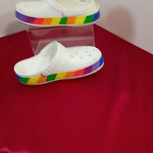 Crocs Men's SZ 5 Women's SZ 7 Rainbow Pride White Slip On Shoes Sandals